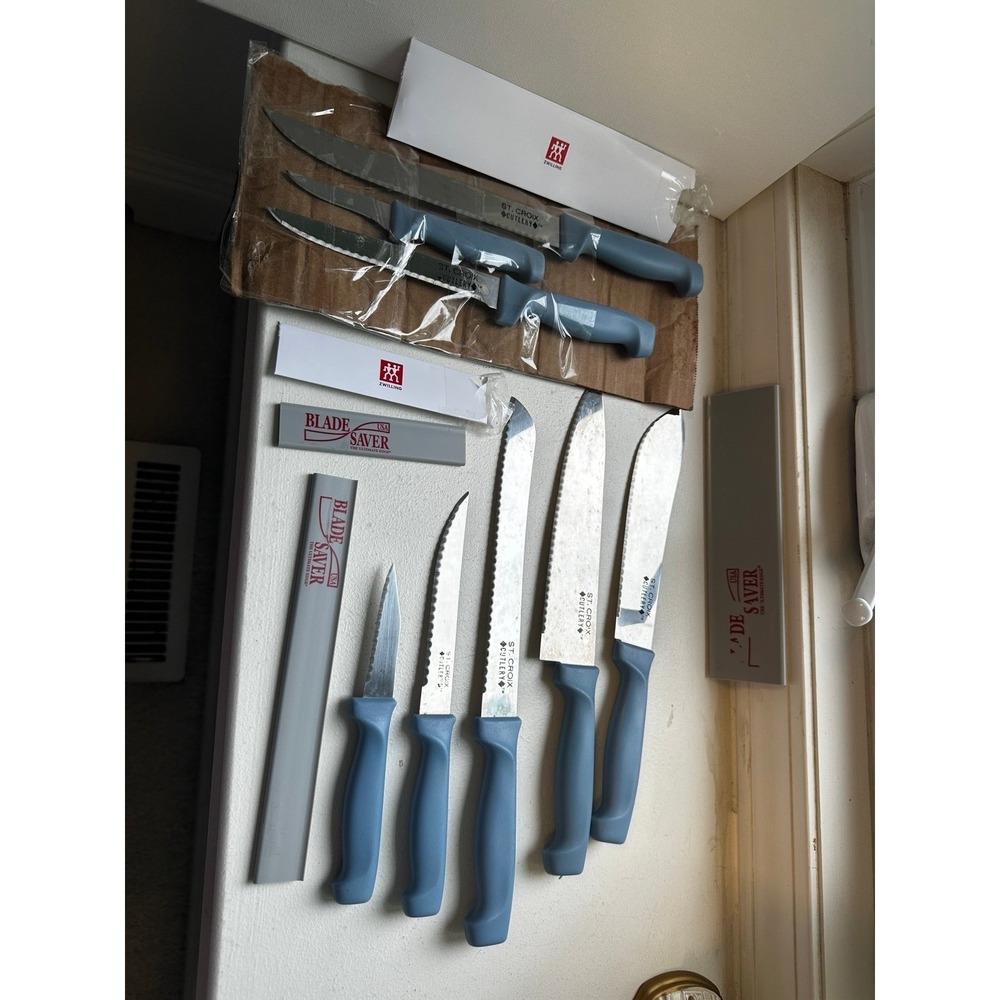 Set of 7 vintage St. Croix Cutlery kitchen knives knife blue handles